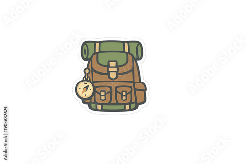A cartoon illustration of a brown and green hiking backpack with a rolled sleeping mat on top and a compass hanging from the side, isolated on a black background.