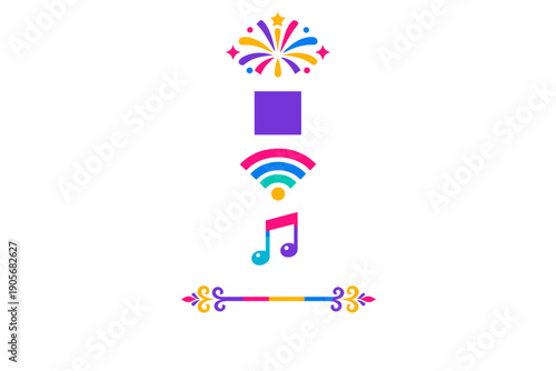 This image features a vertical stack of vibrant icons such as a starburst, a square, a wireless signal, and a music note, all positioned above a decorative line on a black backdrop.