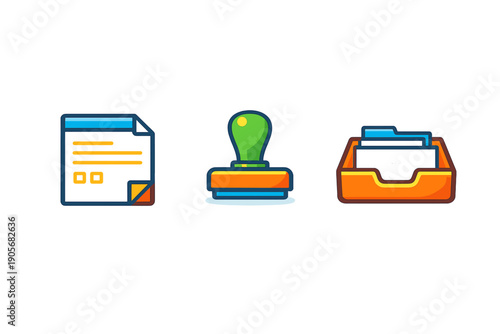 A set of three stylized office icons featuring a document form, a green rubber stamp, and an orange inbox tray with folders, all presented on a solid black background.