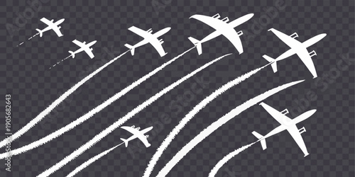 A collection of various stylized vapor or smoke trails, rendered in white against a dark, transparent background. The elements are diverse in shape and orientation, displaying curves, straight lines, 