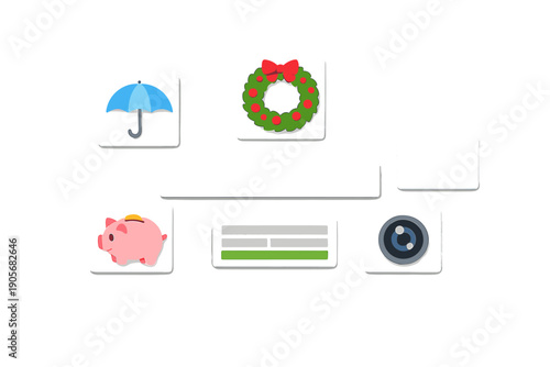 A collection of various 3D icons including a blue umbrella, a Christmas wreath, a pink piggy bank, and a camera lens, arranged on white rectangular tiles over a black background.