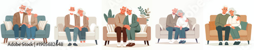 vector of a old couple hugging affectionately on sofa