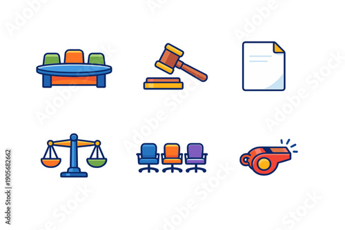 A set of six colorful flat vector icons representing law and justice, including a gavel, scales of justice, a conference table, office chairs, a document, and a whistle on a black background.