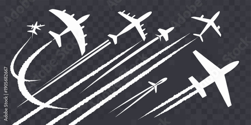 A collection of various stylized vapor or smoke trails, rendered in white against a dark, transparent background. The elements are diverse in shape and orientation, displaying curves, straight lines, 