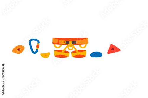 A flat illustration of rock climbing equipment including an orange harness, a blue carabiner, and several colorful climbing holds arranged on a solid black background.