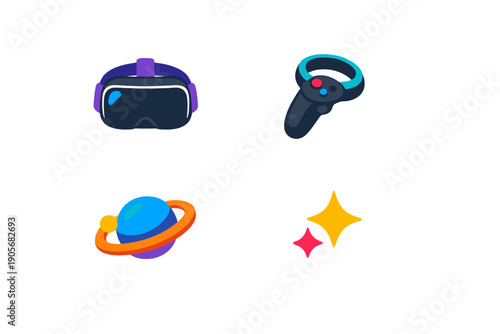 This set of four flat icons includes a purple virtual reality headset, a gaming controller, a blue planet with orange rings, and two colorful stars on a black background.