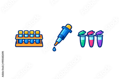 This vector illustration features laboratory tools such as a test tube rack, a pipette with a falling drop, and three microcentrifuge tubes with colorful liquids on a black background.