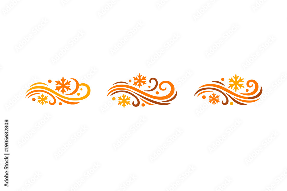 Fototapeta premium Three identical decorative winter motifs featuring orange and brown snowflakes with swirling lines and dots are arranged horizontally against a solid black background.