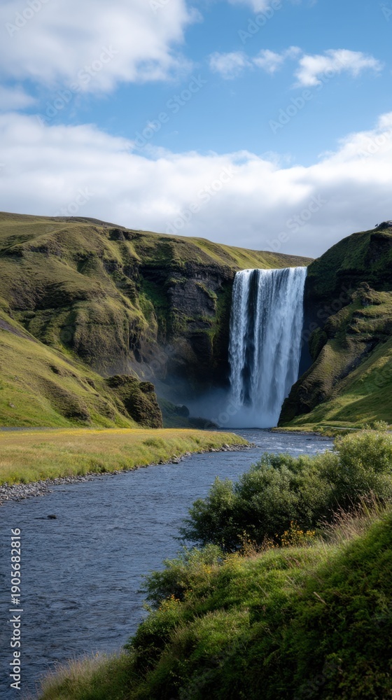 Fototapeta premium Majestic Skogafoss Waterfall Cascading Downside Surrounded by Lush Greenery
