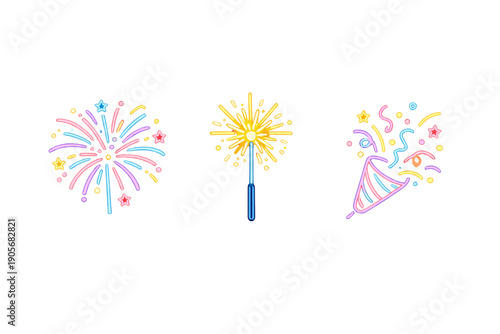 Three colorful neon icons of a firework, a sparkler, and a party popper with confetti are displayed against a solid black background. The vibrant glowing lines create a festive atmosphere.