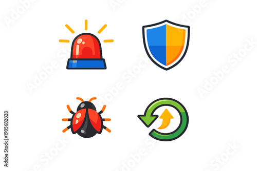 A set of four colorful cybersecurity icons featuring a red emergency siren, a blue and orange shield, a red bug representing malware, and a green update arrow on a black background.