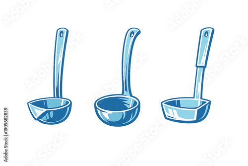A set of three blue kitchen ladles is presented in a cartoon illustration style on a black background. The utensils feature different bowl shapes and long handles with highlights.
