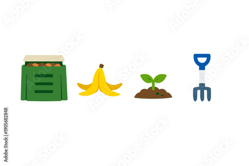 This illustration features icons for composting including a green bin with organic waste, a yellow banana peel, a small green sprout in soil, and a blue garden fork on a black background.