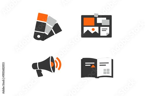 A set of four minimalist icons featuring a color palette, a mood board, a megaphone, and an open book. The illustrations use a black, gray, and orange color scheme on a white background.