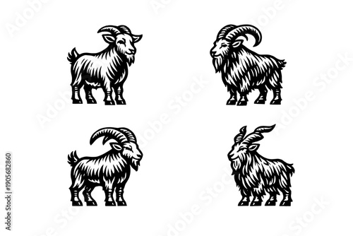 A set of four stylized white goat illustrations on a solid black background. Each animal features detailed fur textures and prominent curved horns in a woodcut art style.
