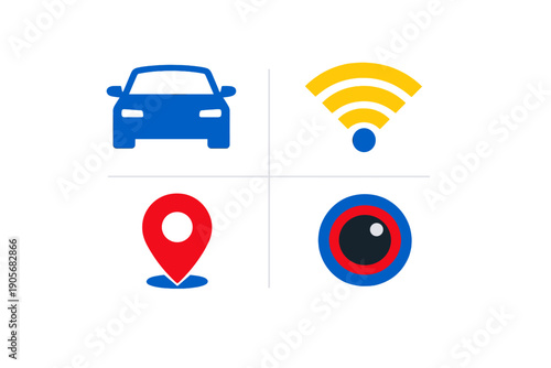 A set of four colorful icons representing automotive technology, including a blue car, a yellow signal symbol, a red location pin, and a circular camera lens on a black background.