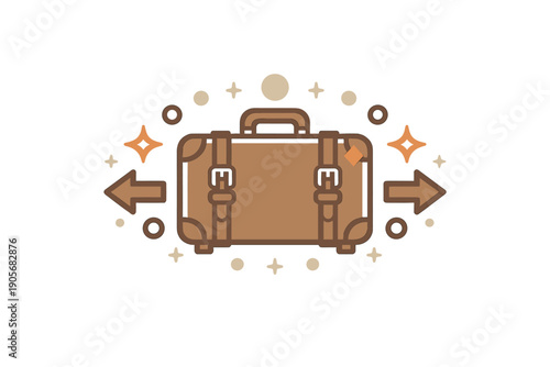 A flat vector illustration of a brown vintage suitcase with straps and buckles, surrounded by arrows pointing in opposite directions and decorative stars on a solid black background.