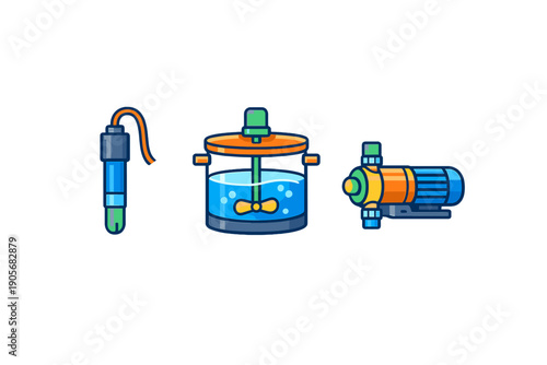 A set of three colorful vector icons depicting industrial machinery such as a measurement probe, a chemical mixing reactor with bubbles, and a blue and orange electric water pump.