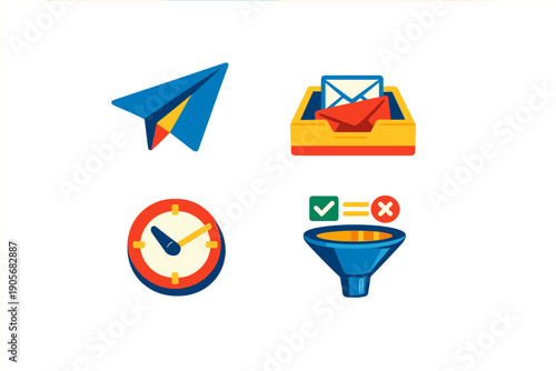 A set of four colorful icons including a paper plane, an inbox with envelopes, a clock, and a funnel with check and cross marks, all set against a solid black background.