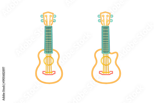Two glowing neon illustrations of ukuleles are displayed on a black background. The left one has a classic body shape, while the right one features a modern cutaway design.