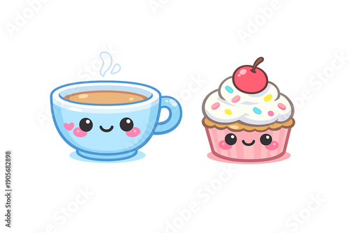 A cute kawaii illustration featuring a smiling blue teacup with steam and a happy pink cupcake topped with white frosting, colorful sprinkles, and a red cherry on a black background.