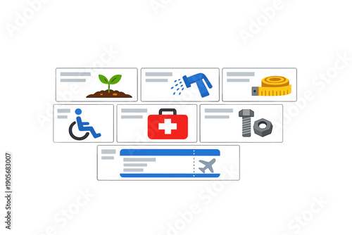 A collection of seven white rectangular cards featuring various flat icons including a sprout, watering nozzle, measuring tape, wheelchair, first aid kit, hardware, and a flight ticket.
