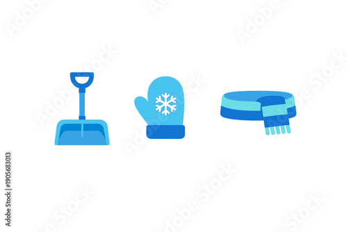 This set of three blue winter icons features a snow shovel, a mitten decorated with a white snowflake, and a striped scarf, all presented on a solid black background.