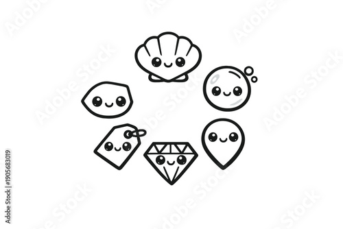 Six cute minimalist kawaii characters including a seashell, bubble, diamond, and teardrop arranged in a circle. Each character has a simple smiling face on a black background.