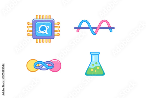 A collection of four colorful science and technology icons including a quantum processor chip, a sine wave, quantum entanglement, and a laboratory flask on a black background.