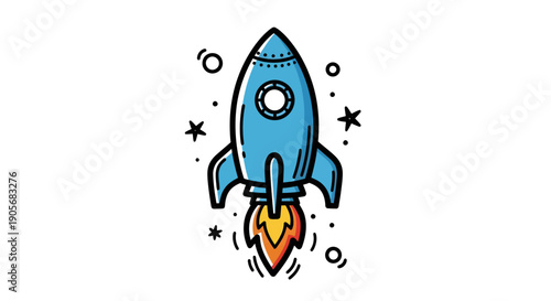 Cartoon rocket ship blasting off towards space with stars and cosmic elements