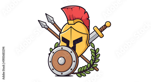 Cartoon-style spartan helmet icon with shield, spears, sword and laurel wreath emblems