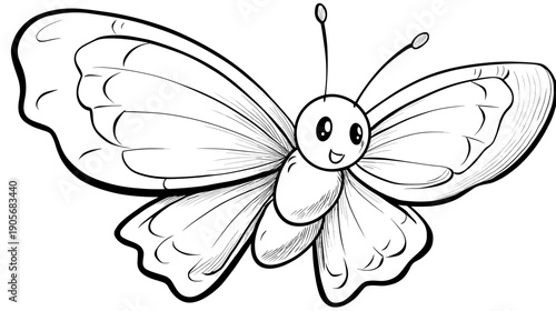 A simple black and white line drawing of a smiling butterfly with outstretched wings