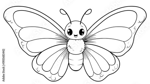 A cute cartoon butterfly with a smiling face and spread wings in a simple line drawing style