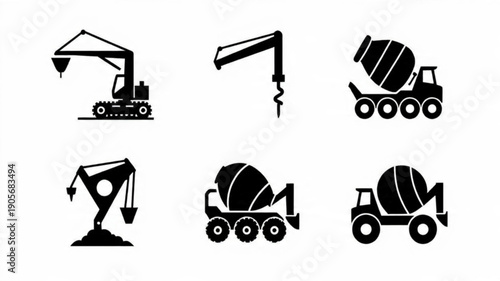  Construction Machinery Icons, Heavy Equipment Vector Set, Building Site Vehicles Graphics, Concrete Mixer and Piling Rig Symbols

