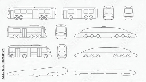  Public Transportation Line Icons, Bus and Train Outline Vector Set, Modern Transit Vehicle Graphics, Urban Mobility Illustration Pack

