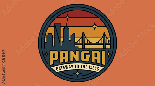 Pangai Gateway to the Isles Vintage Retro Sunset Cityscape Emblem Design with a Bridge and Distant Islands, Evoking Travel and Adventure Vibes