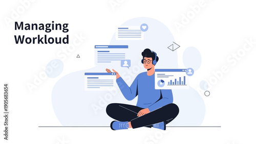 Man Managing Workload with Digital Screens and Data Charts