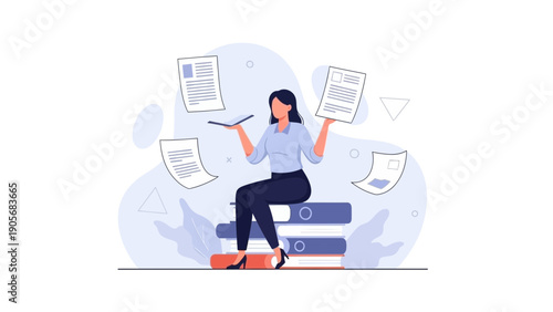 Businesswoman balancing documents and workload on stack of books
