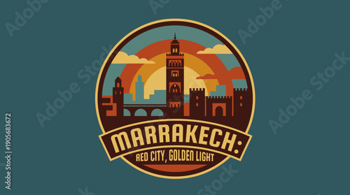 Marrakech Mod City, Golden Light - A Vintage Travel Emblem Featuring a Stylized Skyline, Sun Rays, and Bridge, Evoking a Sense of Nostalgia and Adventure