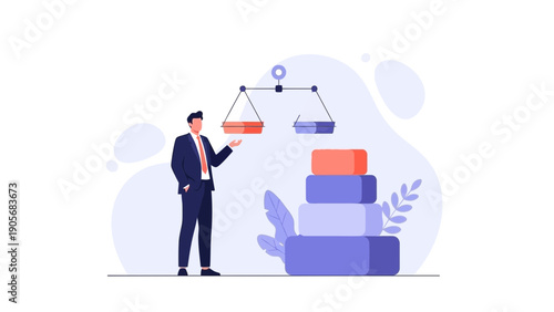 Businessman Balancing Scales and Stacked Blocks