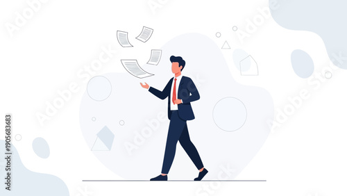 Businessman Juggling Documents, Paperwork Chaos, Modern Business Concept Illustration