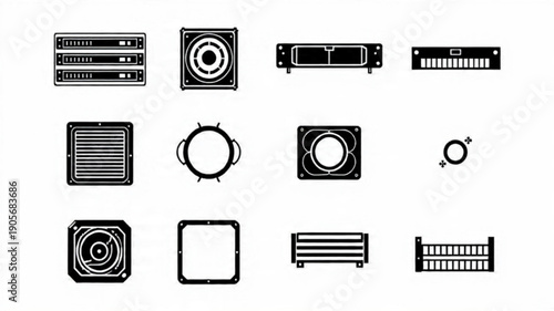 Audio Equipment Icons, Speaker and Amplifier Vector Set, Sound System Components Graphics, Music Gear Elements Design

