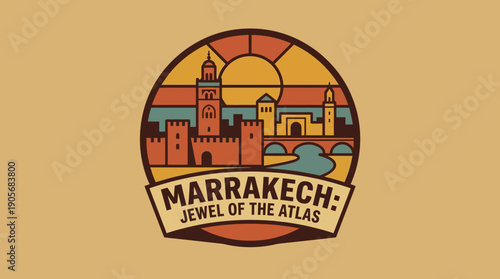 Marrakech Jewel of the Atlas - A Vintage Style Illustration Capturing the Vibrant Essence of the Moroccan Cityscape and Its Iconic Architecture