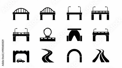 Titles: Bridge and Road Icons Set, Transportation Vector Symbols, Urban Infrastructure Graphics, Minimalist Bridge Silhouettes

