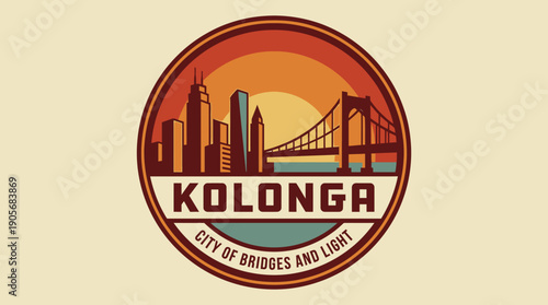 Kolonga City of Bridges and Light Logo Design, Featuring a Skyline with a Suspended Bridge and a Setting Sun, Evokes a Sense of Wonder and Urban Exploration