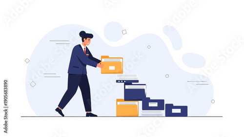 Businesswoman organizing files on a staircase, concept of data management and career growth