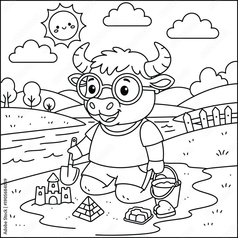 Fototapeta premium Bold and Easy Buffalo Coloring Page - Cozy Moment Wildlife Vector. Buffalo animal line art vector coloring page for kids and adults 