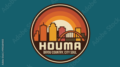 Houma Bayou Country City Soul Retro Sunset Skyline Emblem Sticker Design with Warm Color Palette and Stylized Architecture