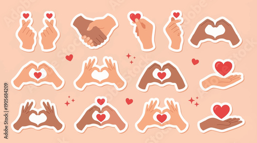 Diverse Hand Gesture Sticker Set Expressing Love, Unity, and Friendship Through Heart Shapes and Handshakes in a Playful Vector Collection