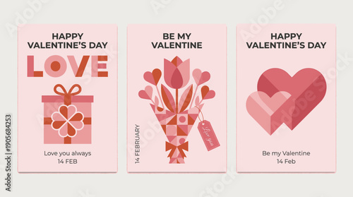 A charming triptych of Valentine's Day cards featuring hearts, flowers, and gifts, perfect for expressing love and affection